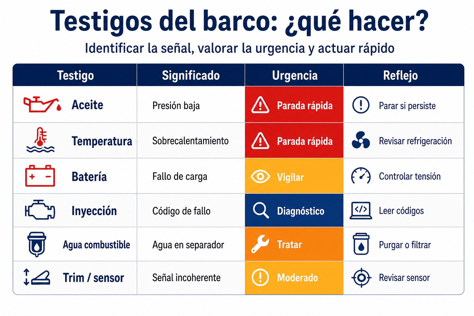 Infograf?a de los principales testigos de barco con significado, urgencia y acci?n recomendada.